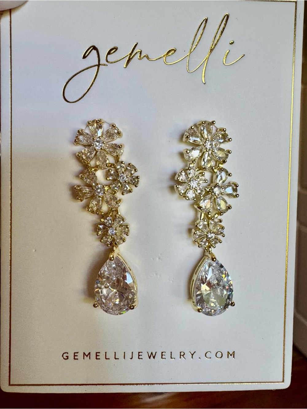 Gemelli Gold Drop Earrings with Clear Crystals - Picture 2 of 5